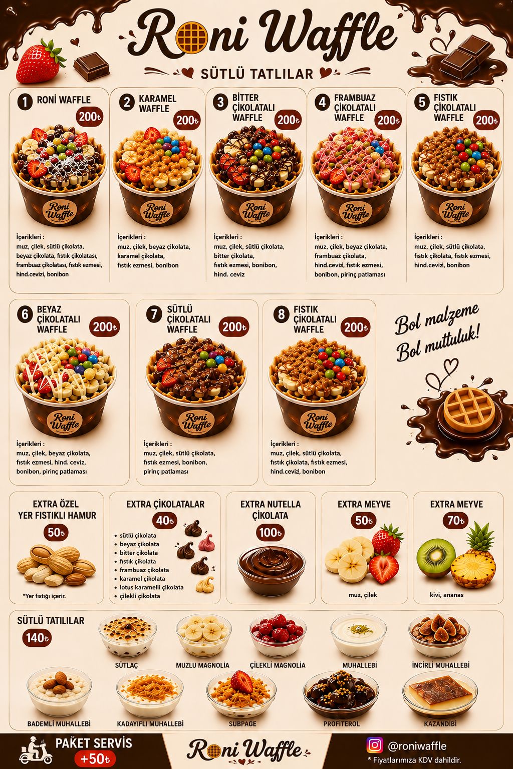 Roni Waffle ürün ve fiyat menüsü